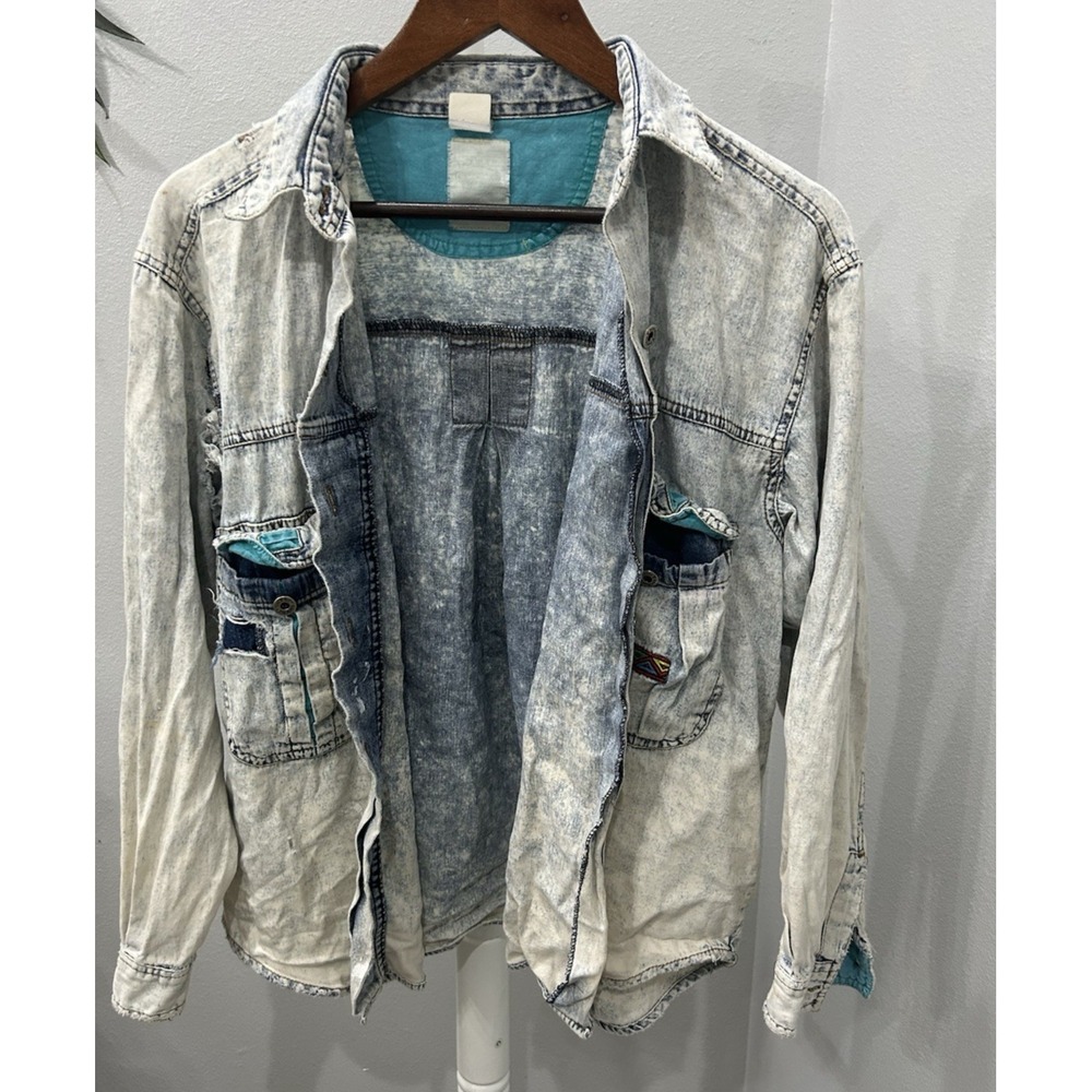 Vintage Bonjour‎ Acid Wash Button Down Denim Top Distressed Boho Grunge Size M
